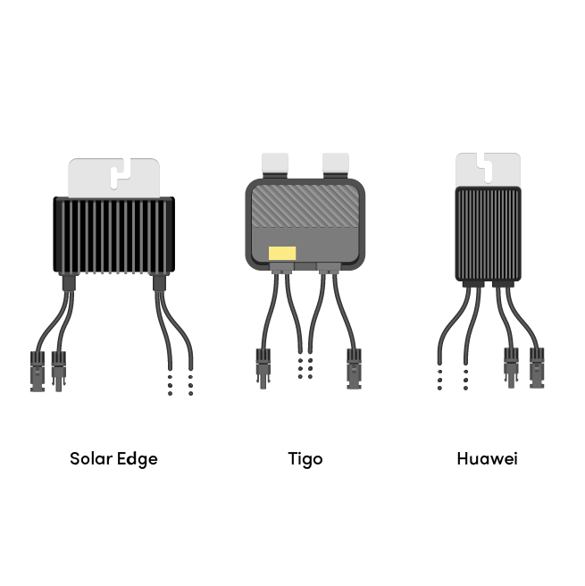 Illustration över skillnaderna i utseende mellan SolarEdge, Huawei och Tigo optimerare.